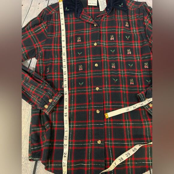 Bobbie Brooks Velvet Collar Embroidered Plaid Holiday Button Up 80s Top Size S - Picture 8 of 8